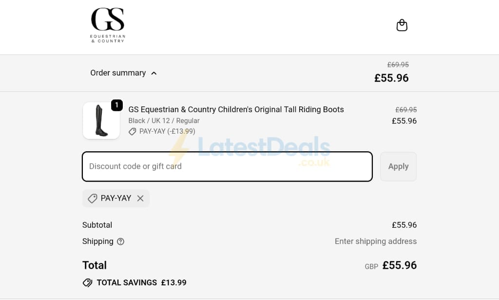 Screenshot of the GS Equestrian discount code working