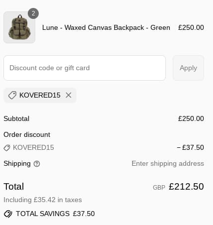 Screenshot of the KOVERED discount code working