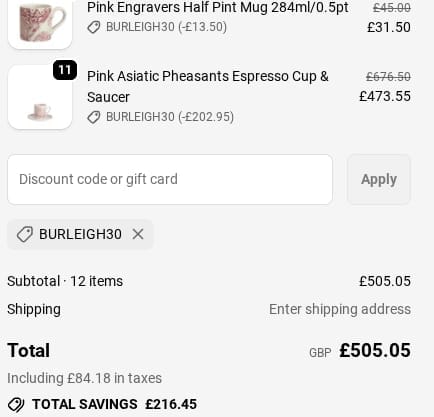 Screenshot of the Burleigh discount code working