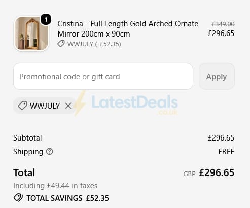 Screenshot of the William Wood Mirrors discount code working