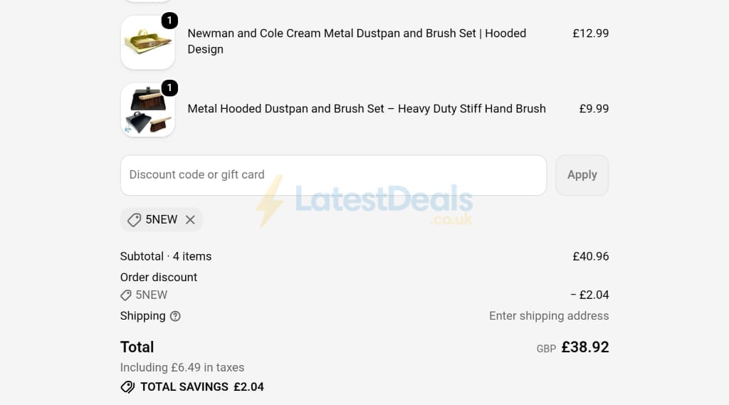 Screenshot of the The Dustpan and Brush Store discount code working
