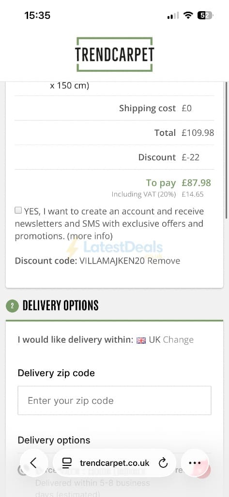 Screenshot of the Trendcarpet discount code working