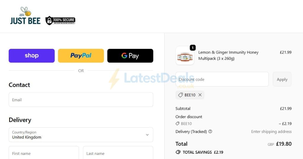 Screenshot of the Just Bee Honey discount code working