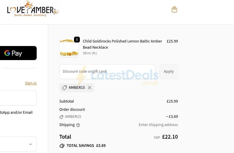 Screenshot of the Love Amber X discount code working