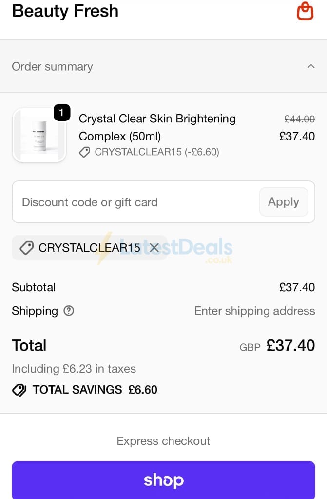 Screenshot of the Beauty Fresh discount code working