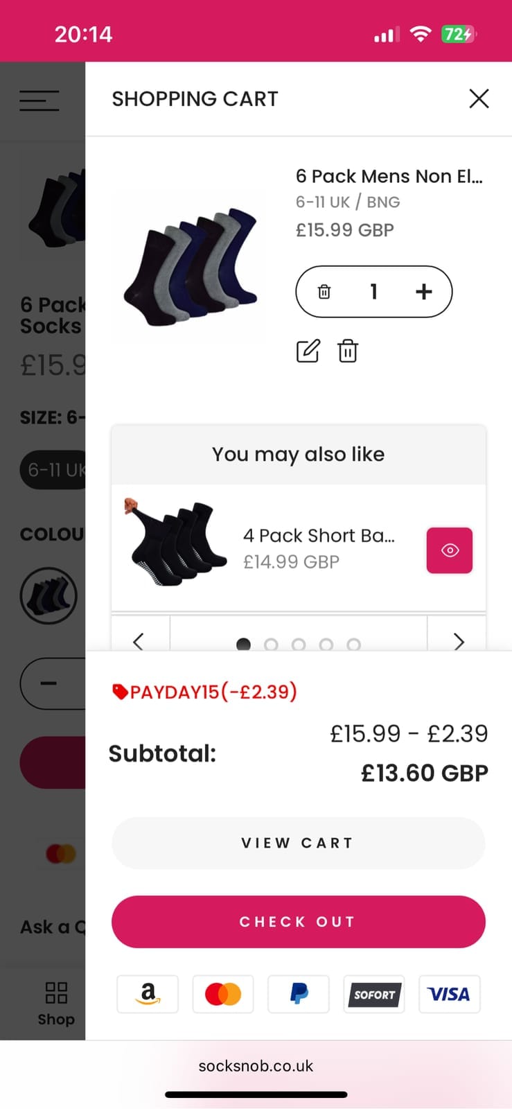 Screenshot of the Sock Snob discount code working