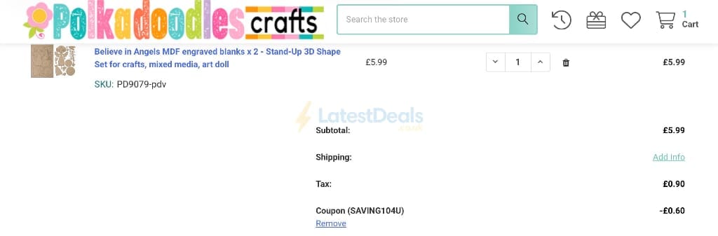 Screenshot of the Polkadoodles Crafts discount code working