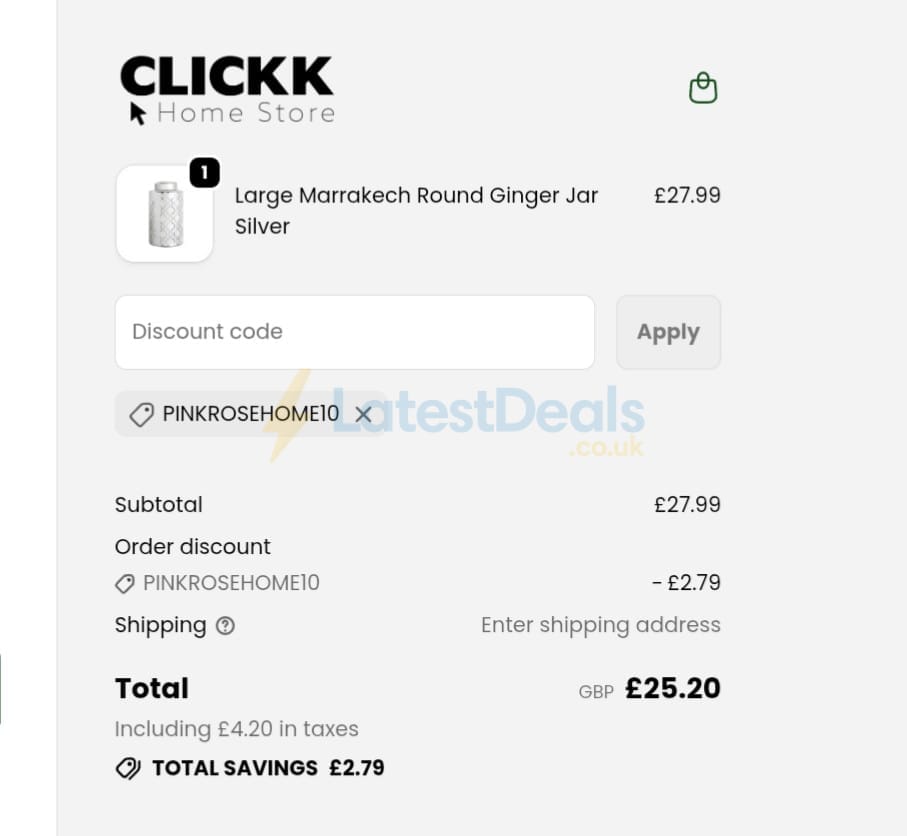 Screenshot of the CLICKK Home Store discount code working