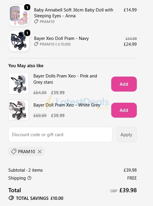 Screenshot of the True Toys discount code working