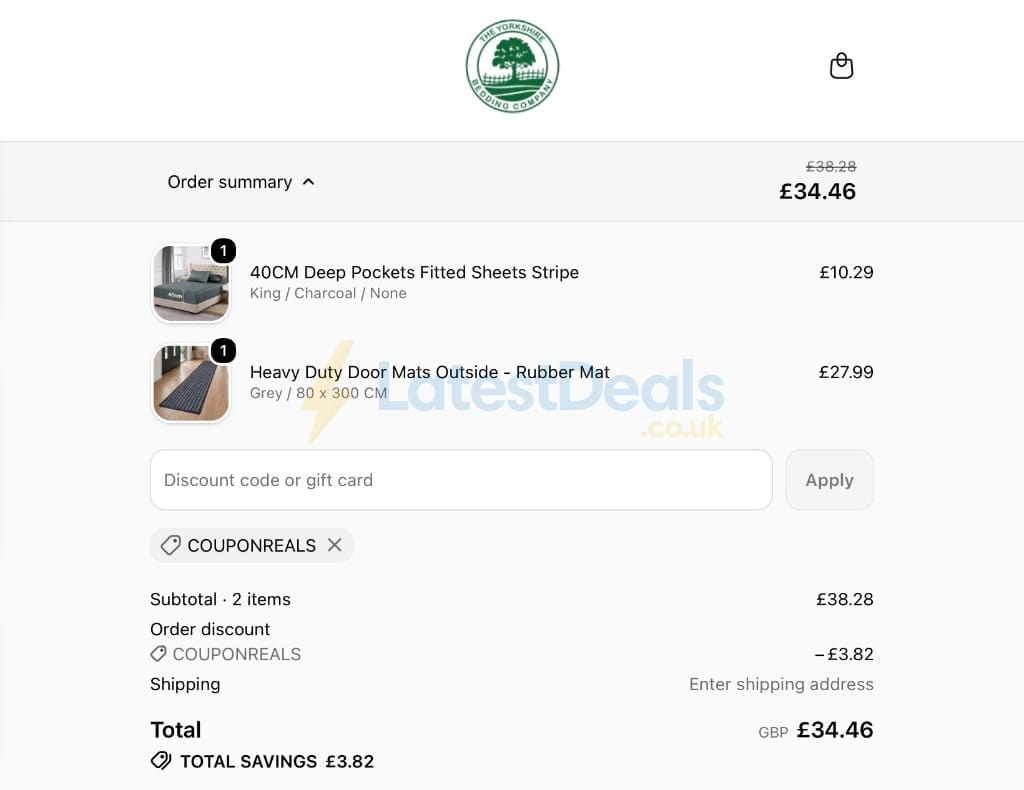 Screenshot of the Yorkshire Bedding discount code working