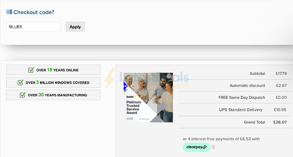 Screenshot of the Unbeatable Blinds discount code working