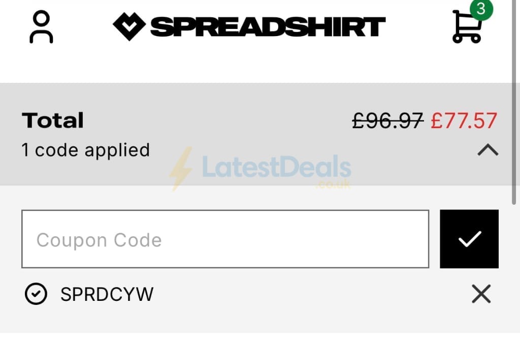 Screenshot of the Spreadshirt discount code working