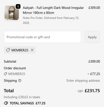 Screenshot of the William Wood Mirrors discount code working