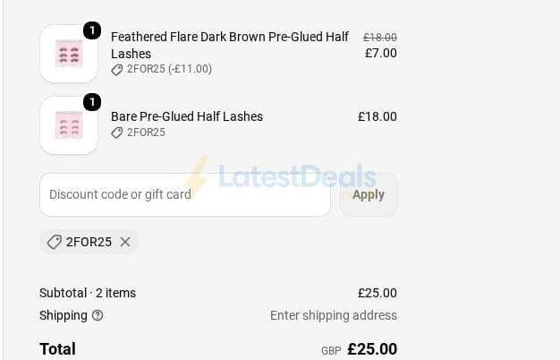 Screenshot of the Lola's Lashes discount code working