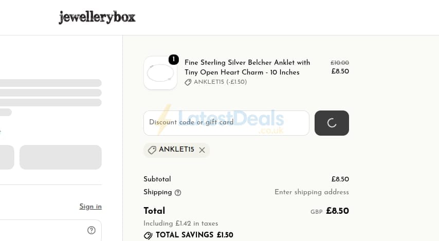 Screenshot of the Jewellery Box discount code working