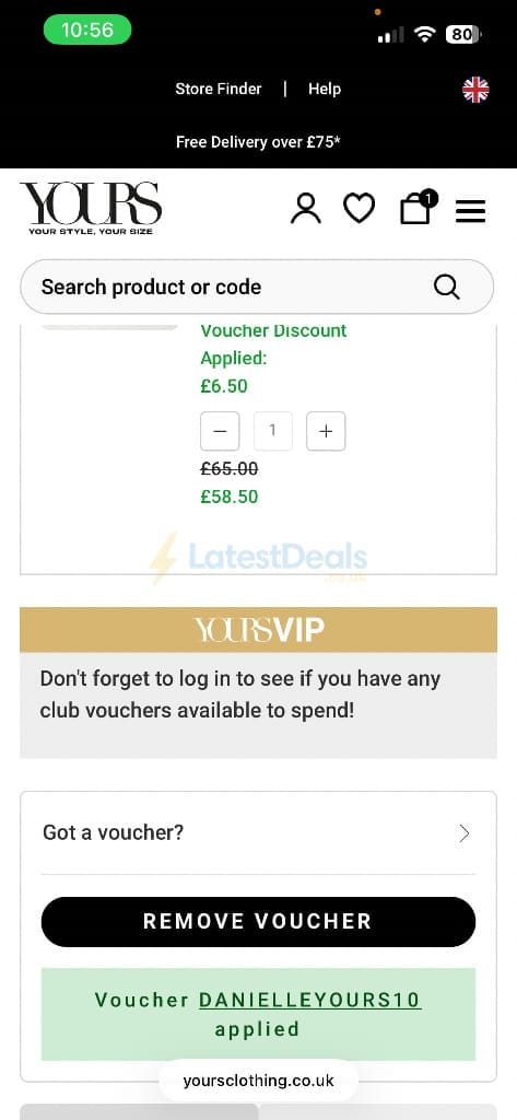 Screenshot of the Yours Clothing discount code working