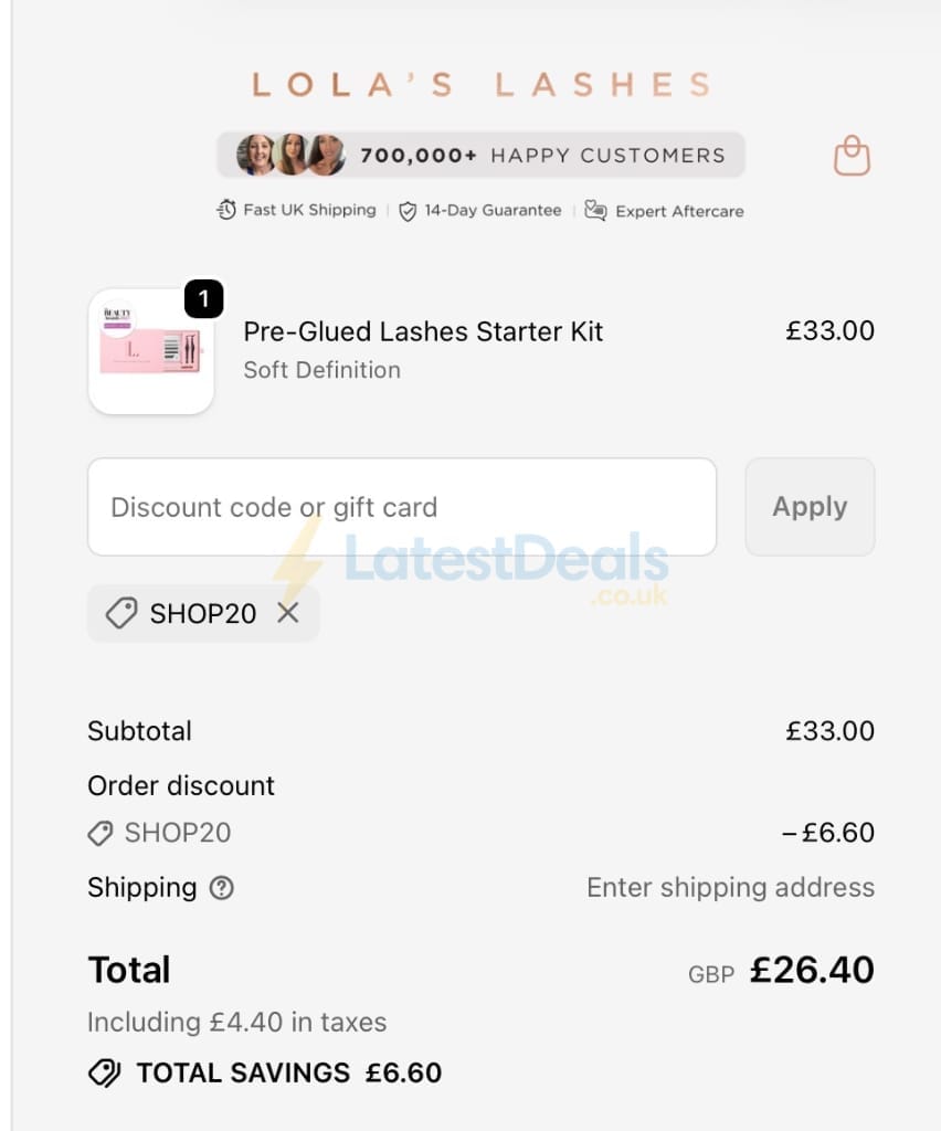 Screenshot of the Lola's Lashes discount code working