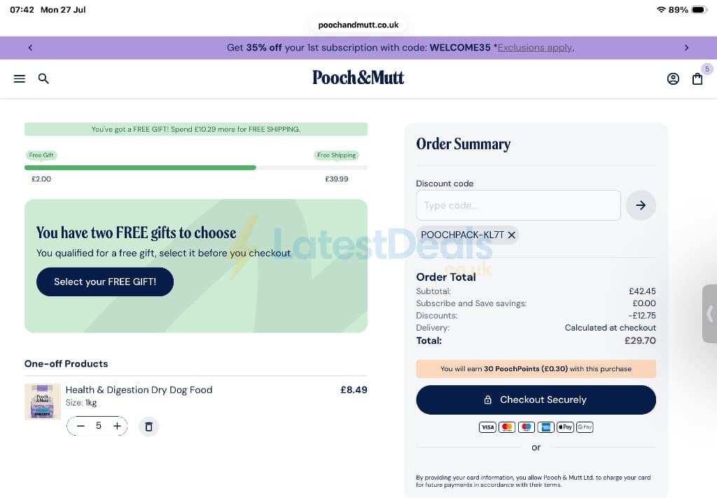 Screenshot of the Pooch & Mutt discount code working