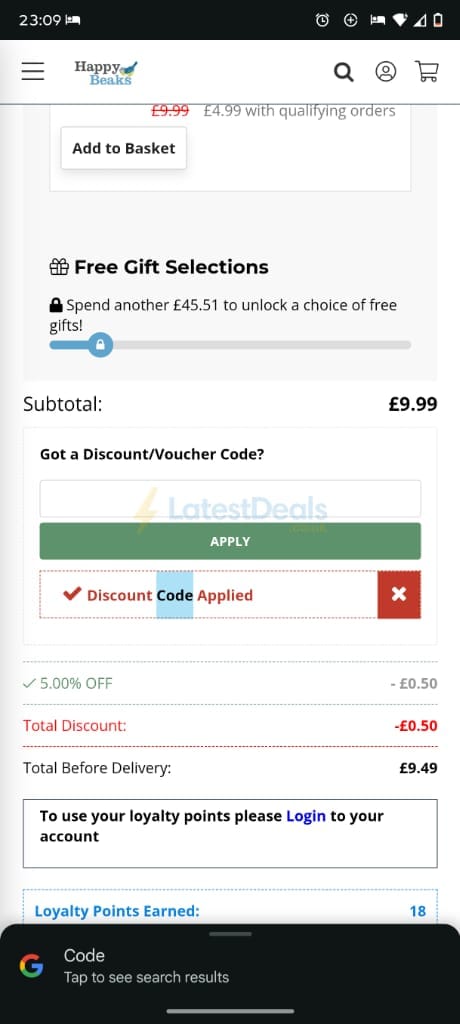 Screenshot of the Happy Beaks discount code working