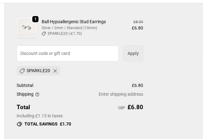 Screenshot of the Solace Jewellery discount code working