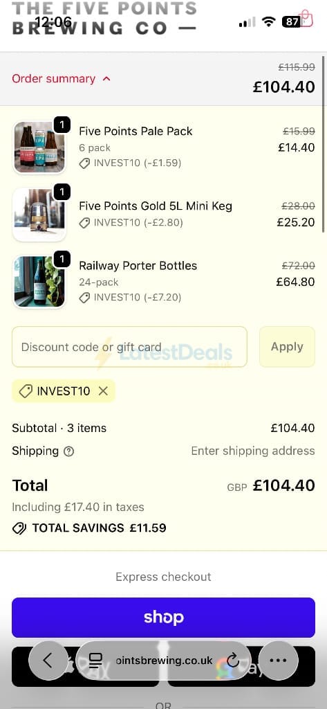 Screenshot of the The Five Points Brewing Company discount code working