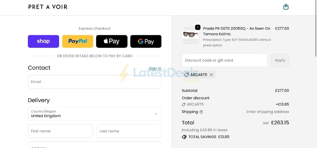 Screenshot of the Pretavoir discount code working