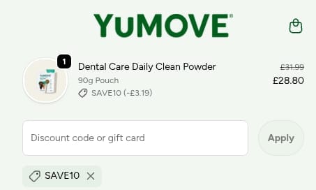 Screenshot of the Yumove discount code working