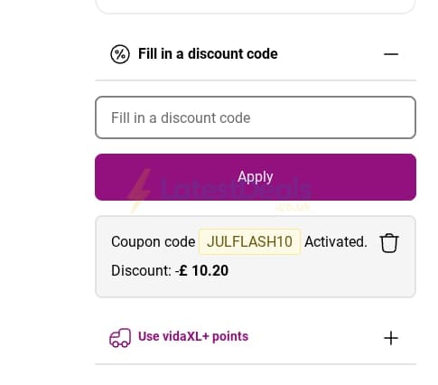 Screenshot of the vidaXL discount code working