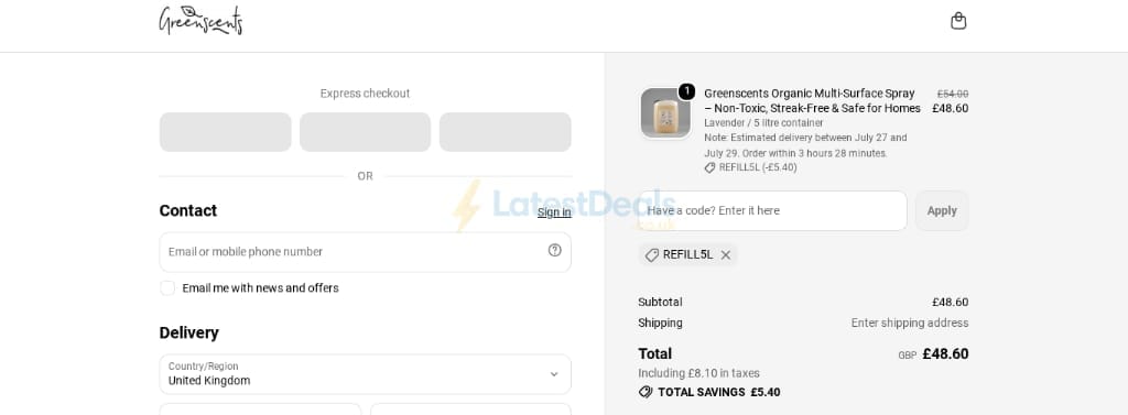 Screenshot of the Greenscents discount code working
