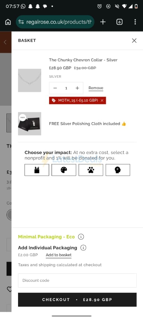 Screenshot of the REGALROSE discount code working