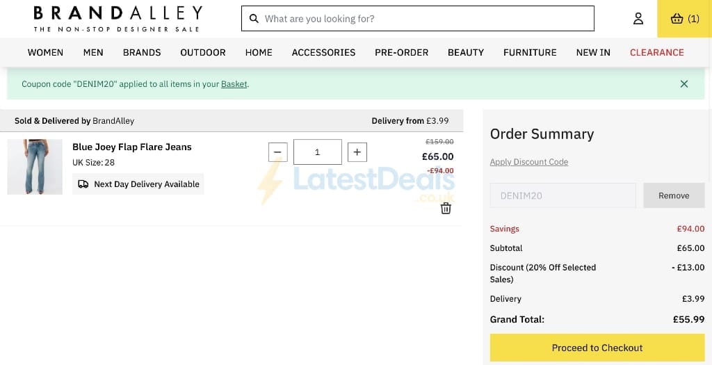 Screenshot of the BrandAlley discount code working