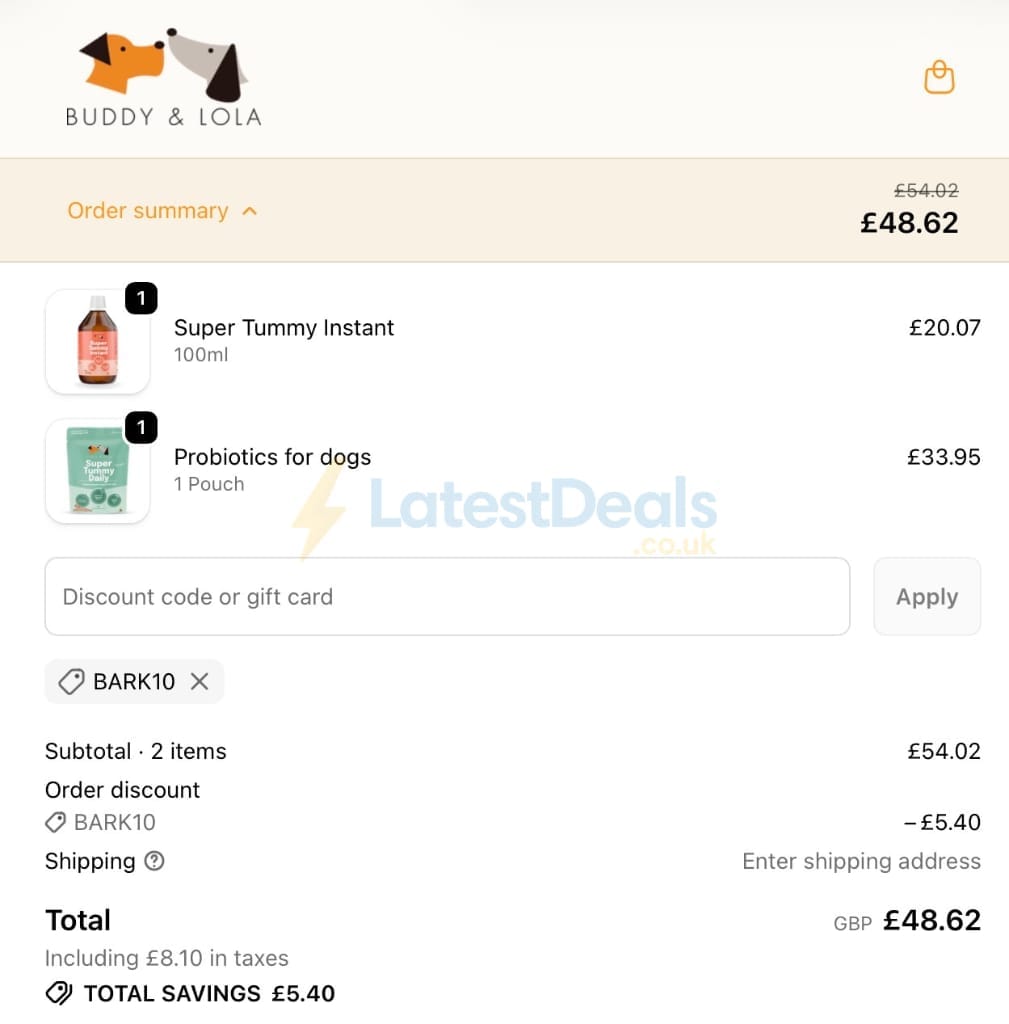 Screenshot of the Buddy & Lola discount code working