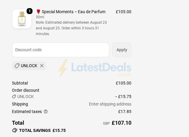 Screenshot of the Hamdah London UK discount code working