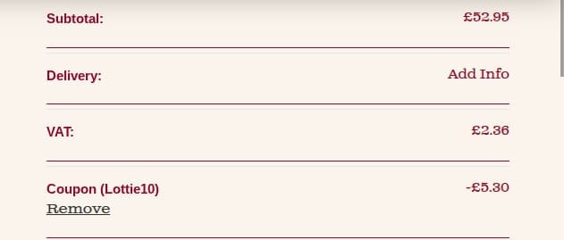 Screenshot of the Lottie Shaw's discount code working