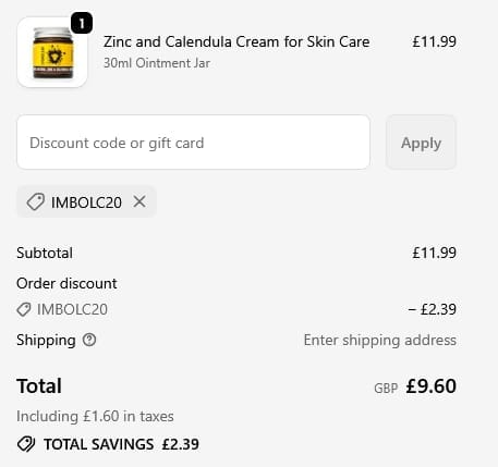 Screenshot of the Lyonsleaf discount code working