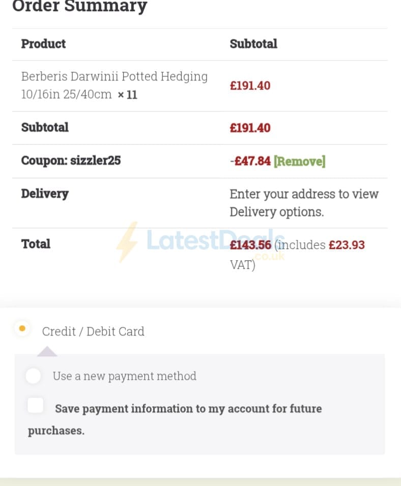 Screenshot of the Hopes Grove Nurseries discount code working