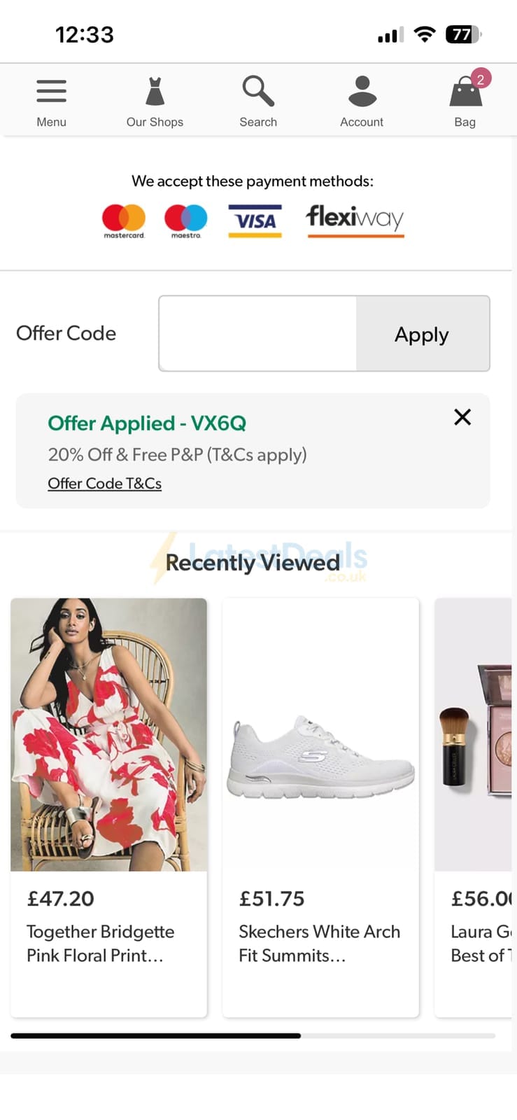 Screenshot of the Curvissa discount code working