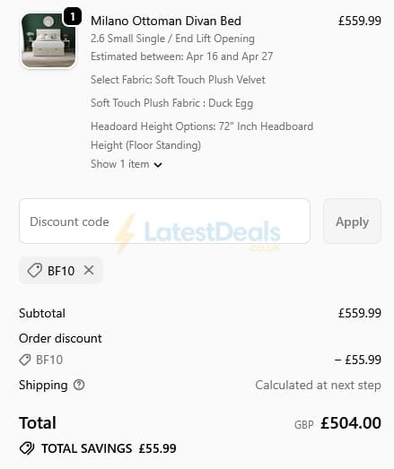 Screenshot of the Everest Beds discount code working