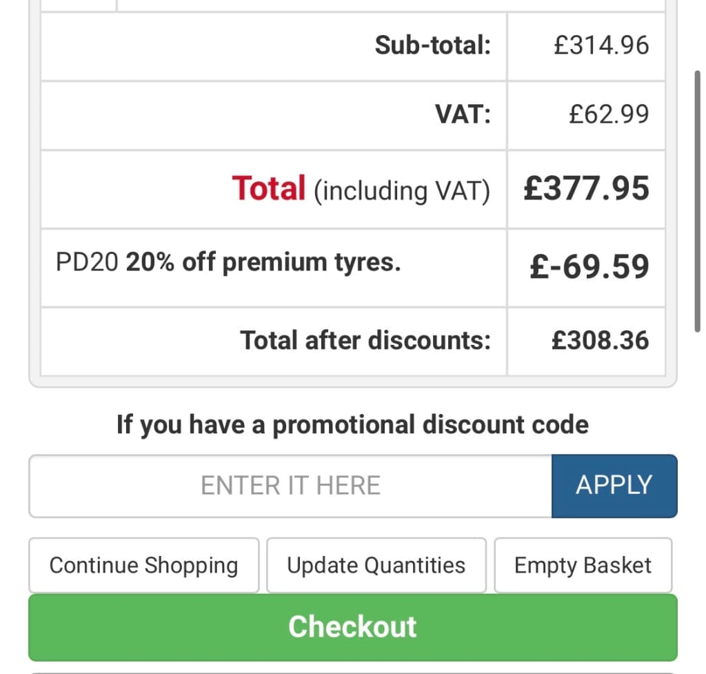 Screenshot of the National Tyres and Autocare discount code working