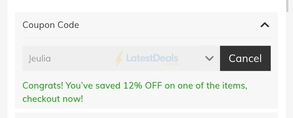 Screenshot of the Jeulia discount code working