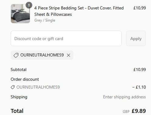 Screenshot of the Yorkshire Bedding discount code working