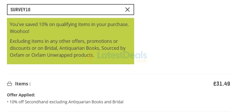 Screenshot of the Oxfam Online Shop discount code working