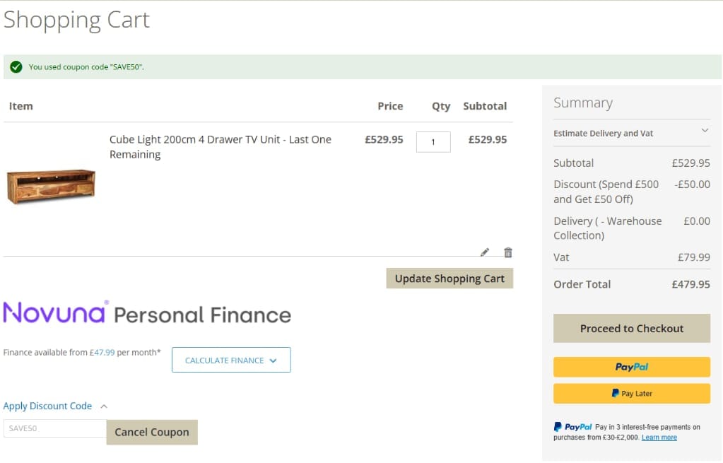 Screenshot of the Trade Furniture Company discount code working