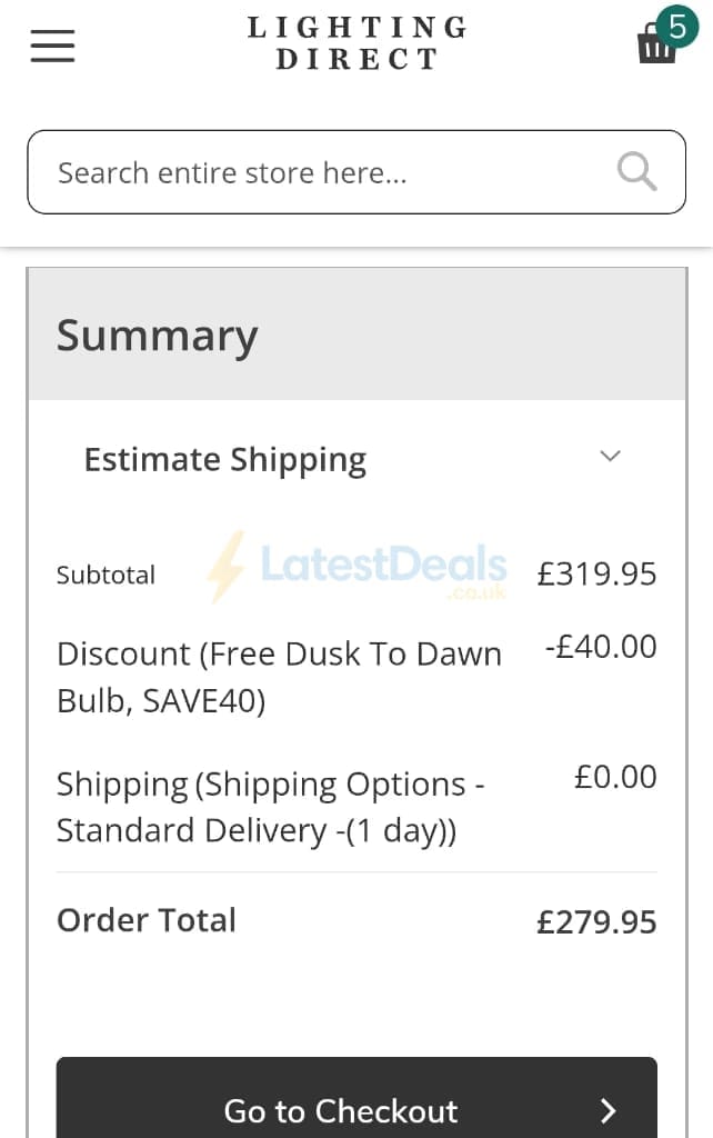 Screenshot of the Lighting Direct discount code working