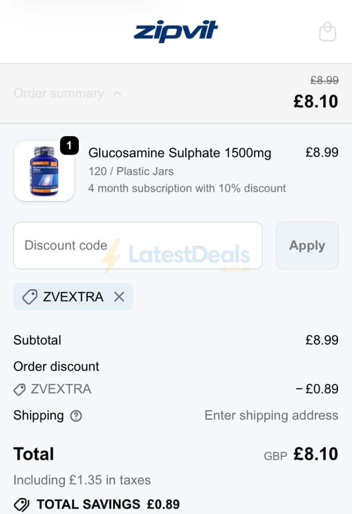 Screenshot of the ZipVit discount code working