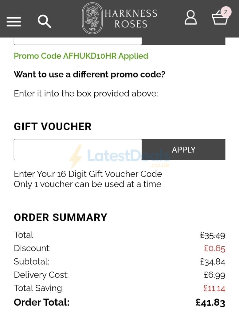 Screenshot of the Harkness Roses discount code working