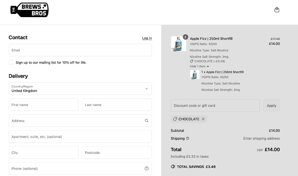 Screenshot of the The Brews Bros discount code working