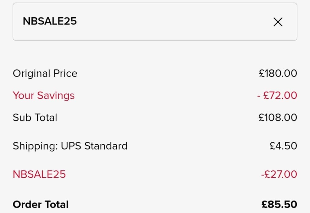 Screenshot of the New Balance discount code working