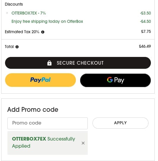 Screenshot of the OtterBox discount code working