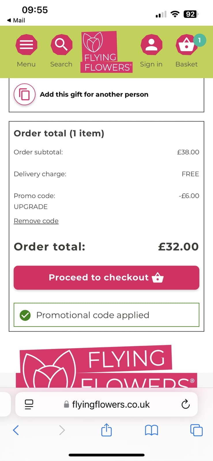 Screenshot of the Flying Flowers discount code working